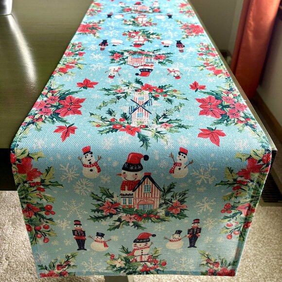Vintage Style Snowman Toy Soldiers Village Christmas Flowers Linen Table Runner - Picture 3 of 7